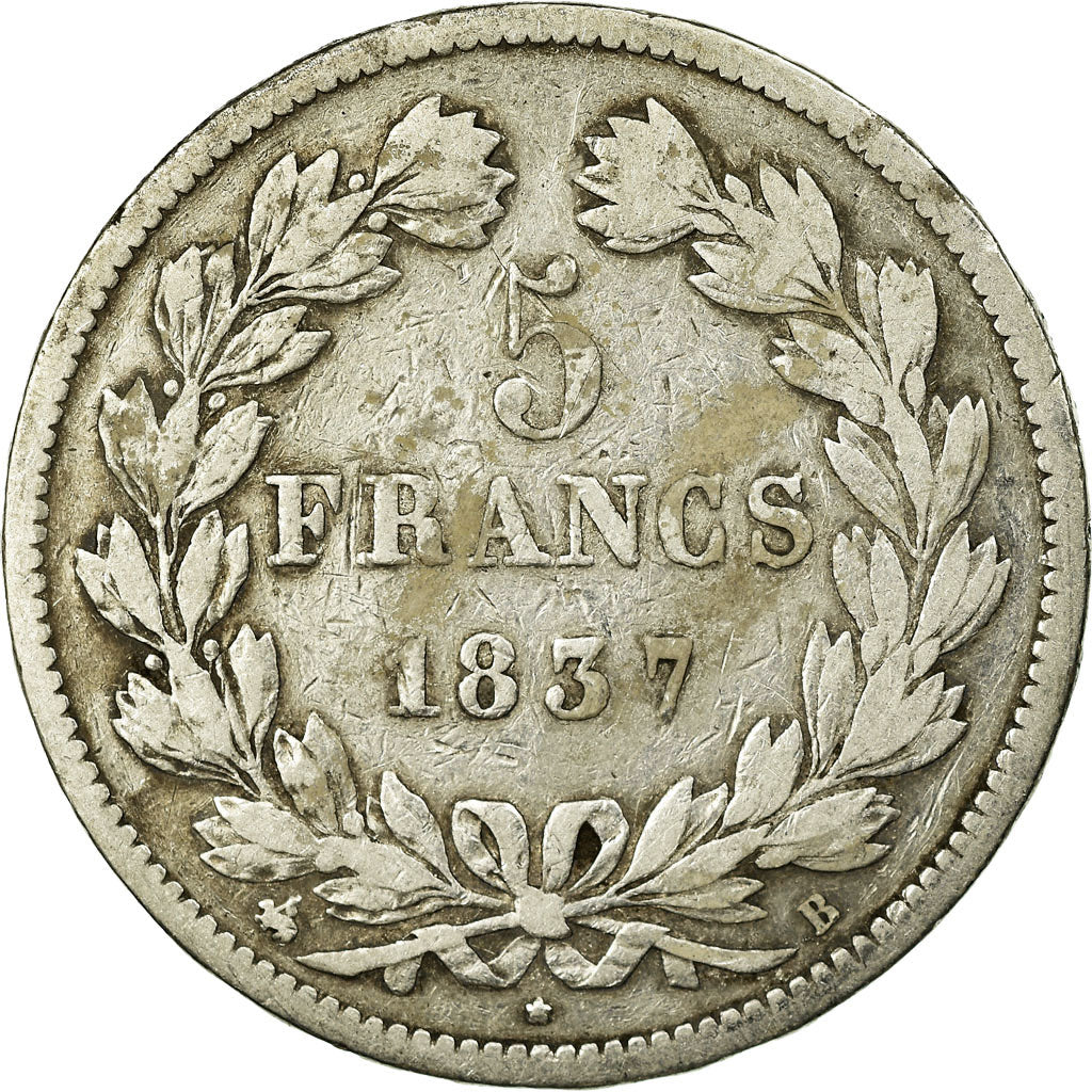 Coin, France, Louis-Philippe, 5 Francs, 1837, Rouen, VF(20-25), Silver