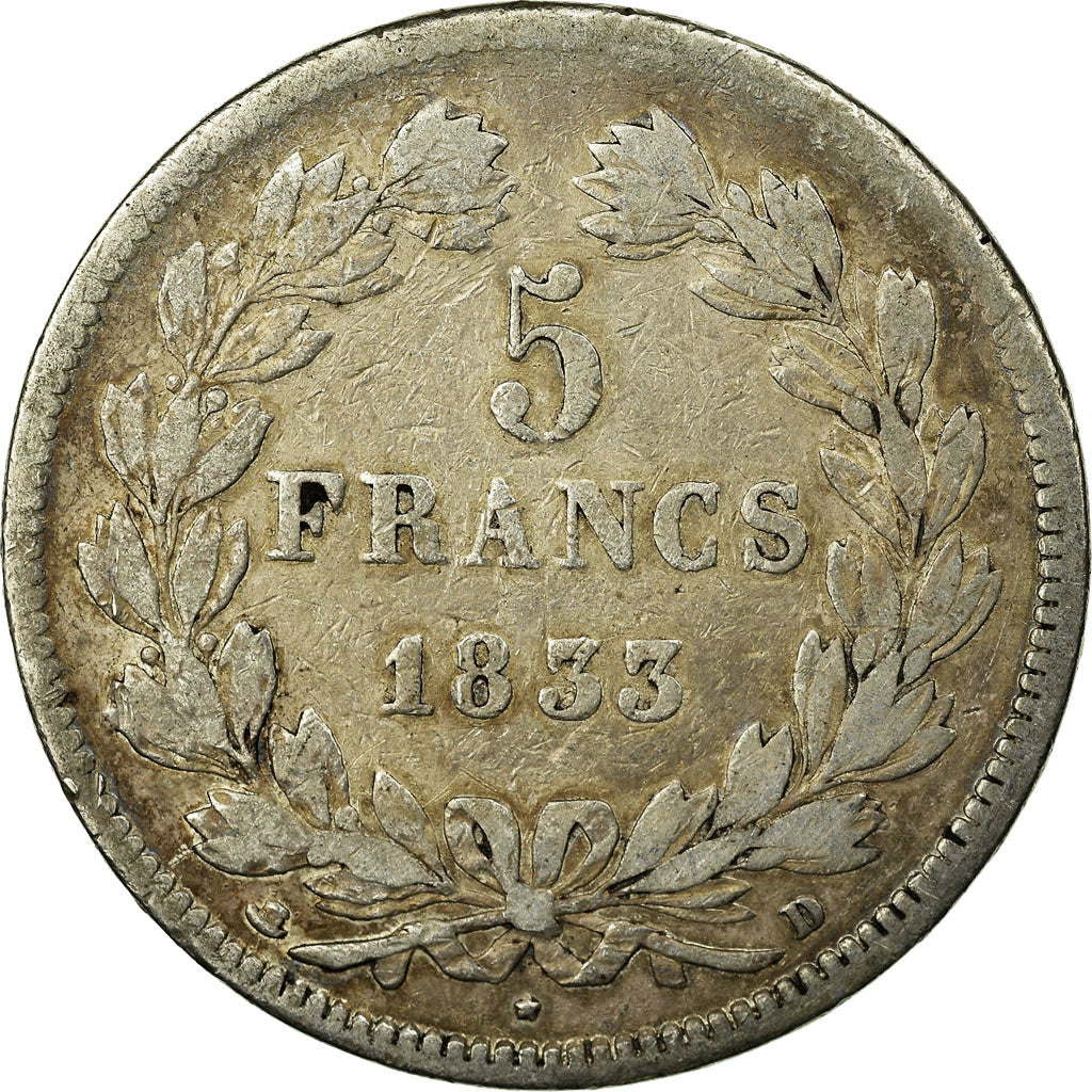 Coin, France, Louis-Philippe, 5 Francs, 1833, Lyon, VF(20-25), Silver, KM:749.4