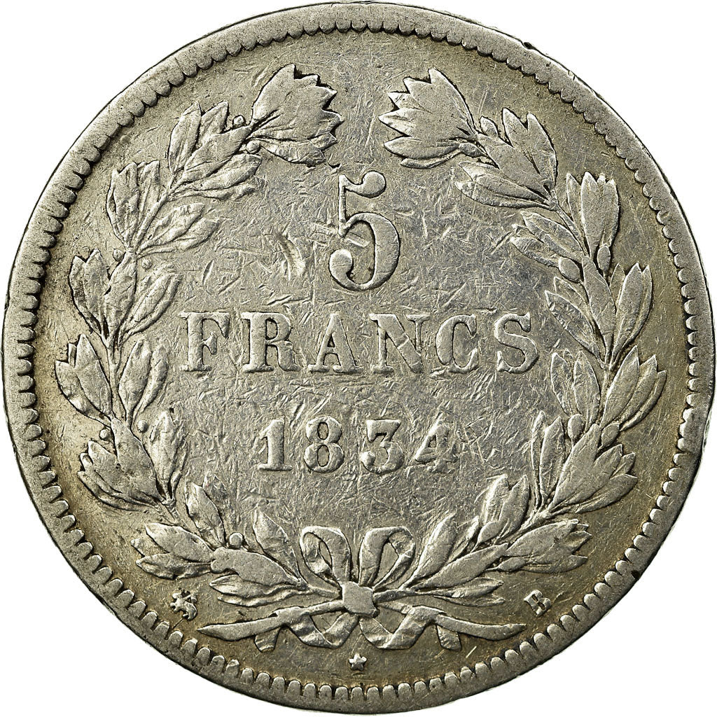 Coin, France, Louis-Philippe, 5 Francs, 1834, Rouen, VF(20-25), Silver