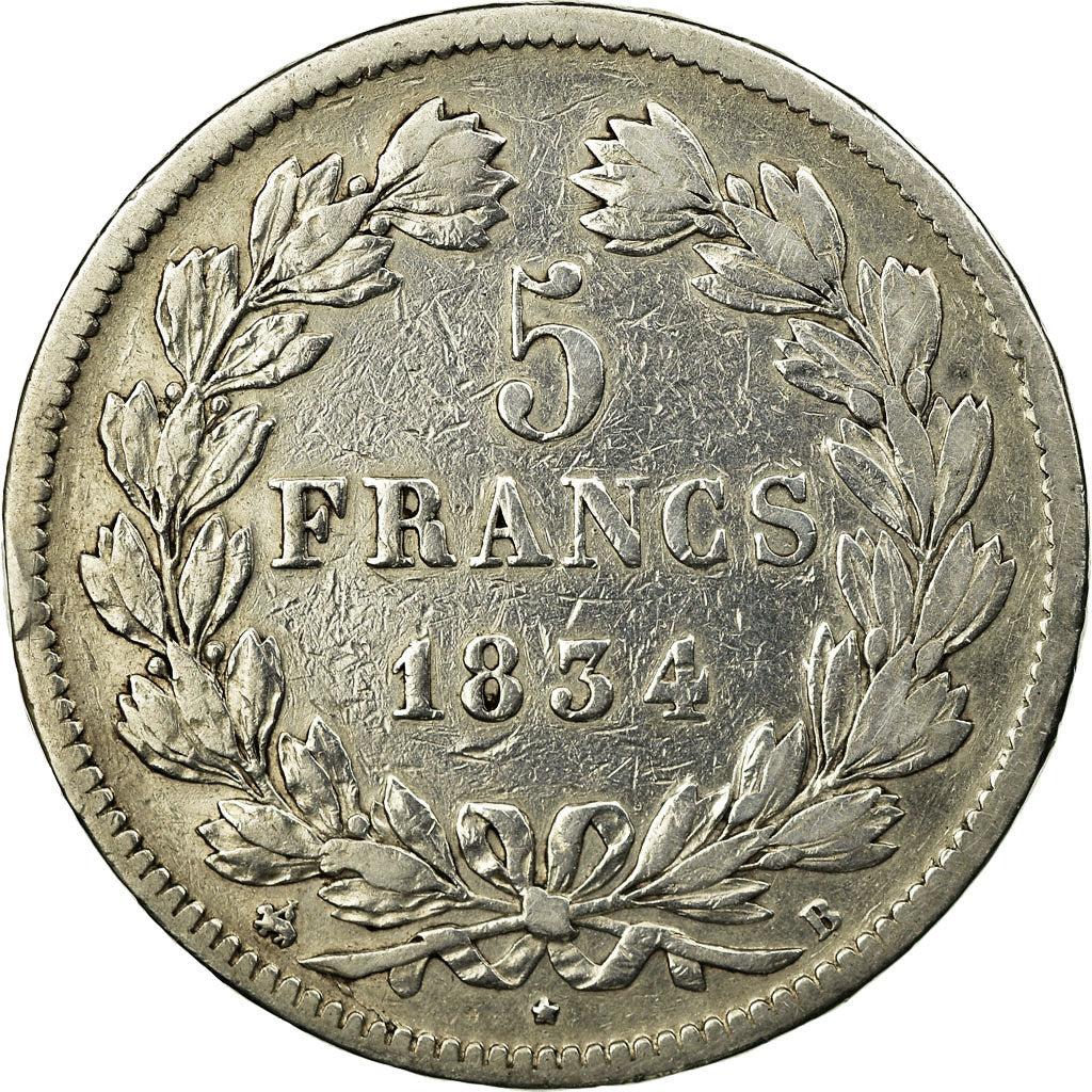 Moneta, Francia, Louis-Philippe, 5 Francs, 1834, Rouen, MB+, Argento, KM:749.2