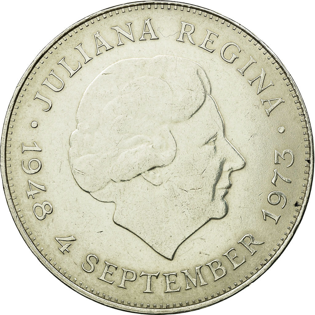 Coin, Netherlands, Juliana, 10 Gulden, 1973, AU(55-58), Silver, KM:196