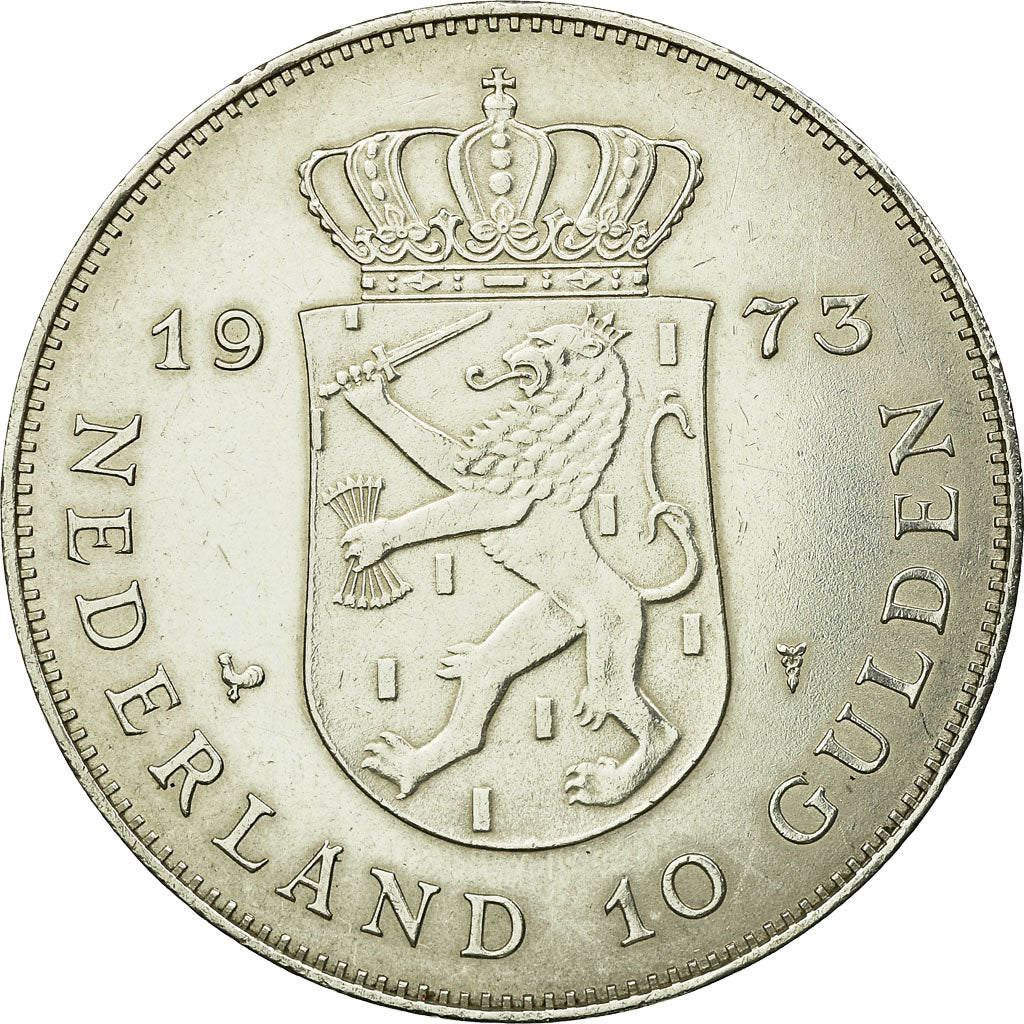 Coin, Netherlands, Juliana, 10 Gulden, 1973, AU(55-58), Silver, KM:196