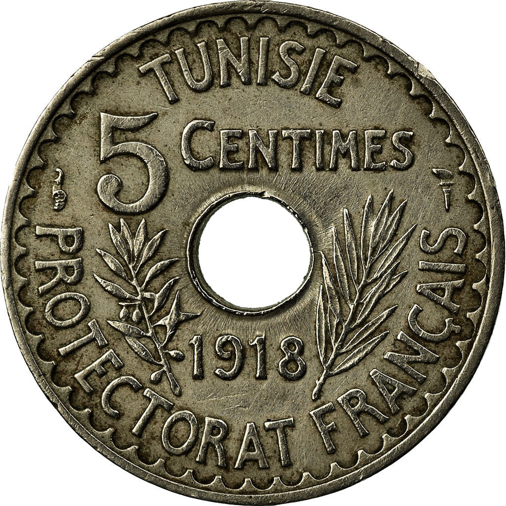 Coin, Tunisia, Muhammad al-Nasir Bey, 5 Centimes, 1918, Paris, AU(50-53)