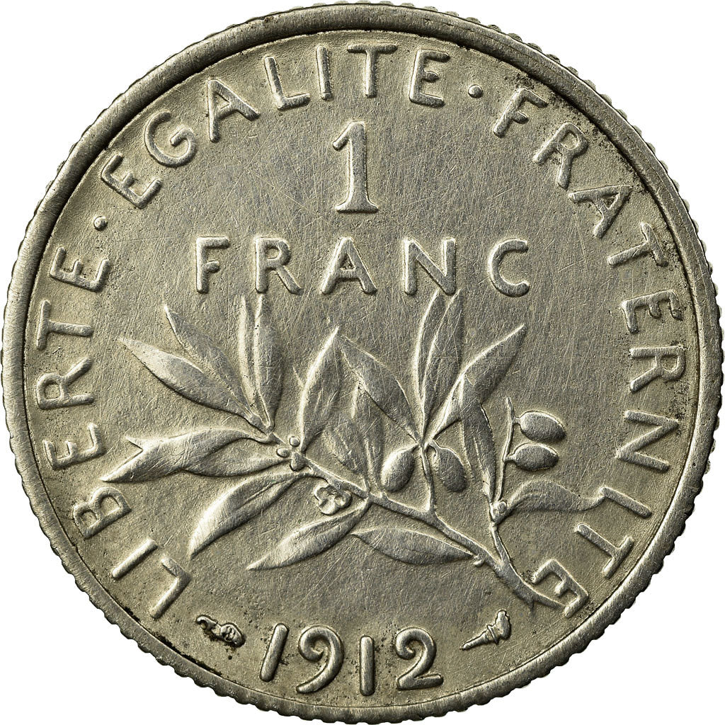 Coin, France, Semeuse, Franc, 1912, Paris, AU(50-53), Silver, KM:844.1