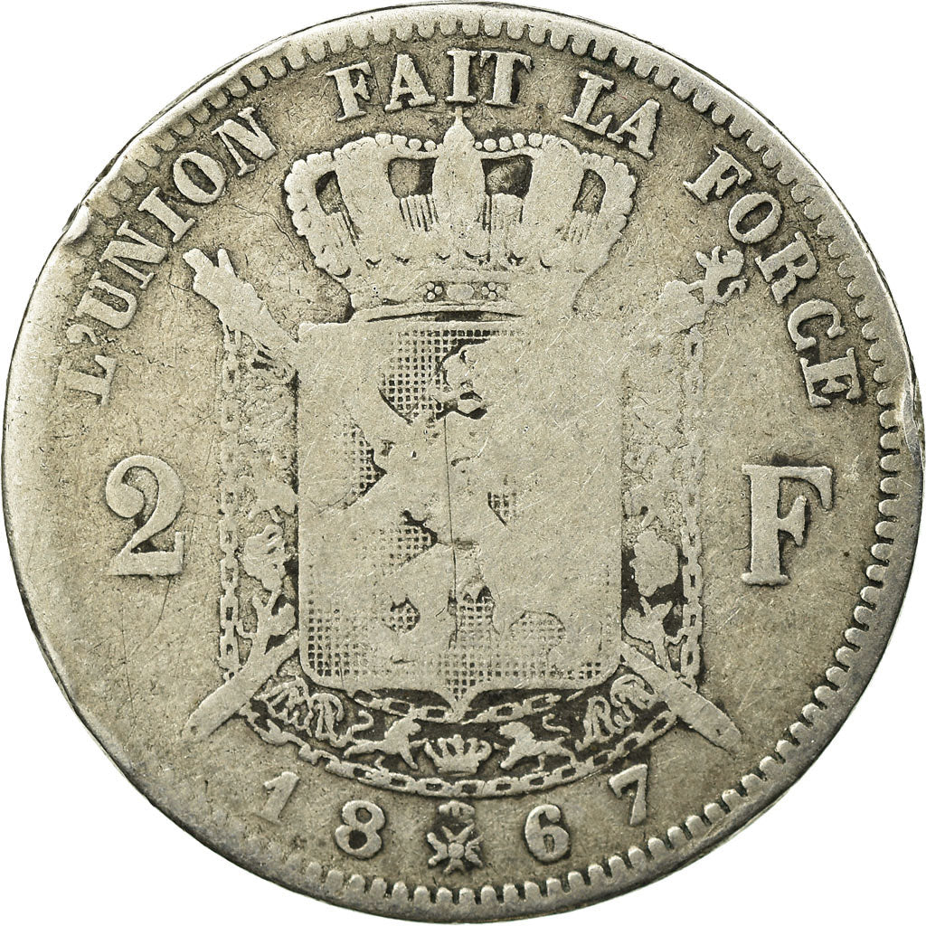 Coin, Belgium, Leopold II, 2 Francs, 2 Frank, 1867, F(12-15), Silver, KM:30.1