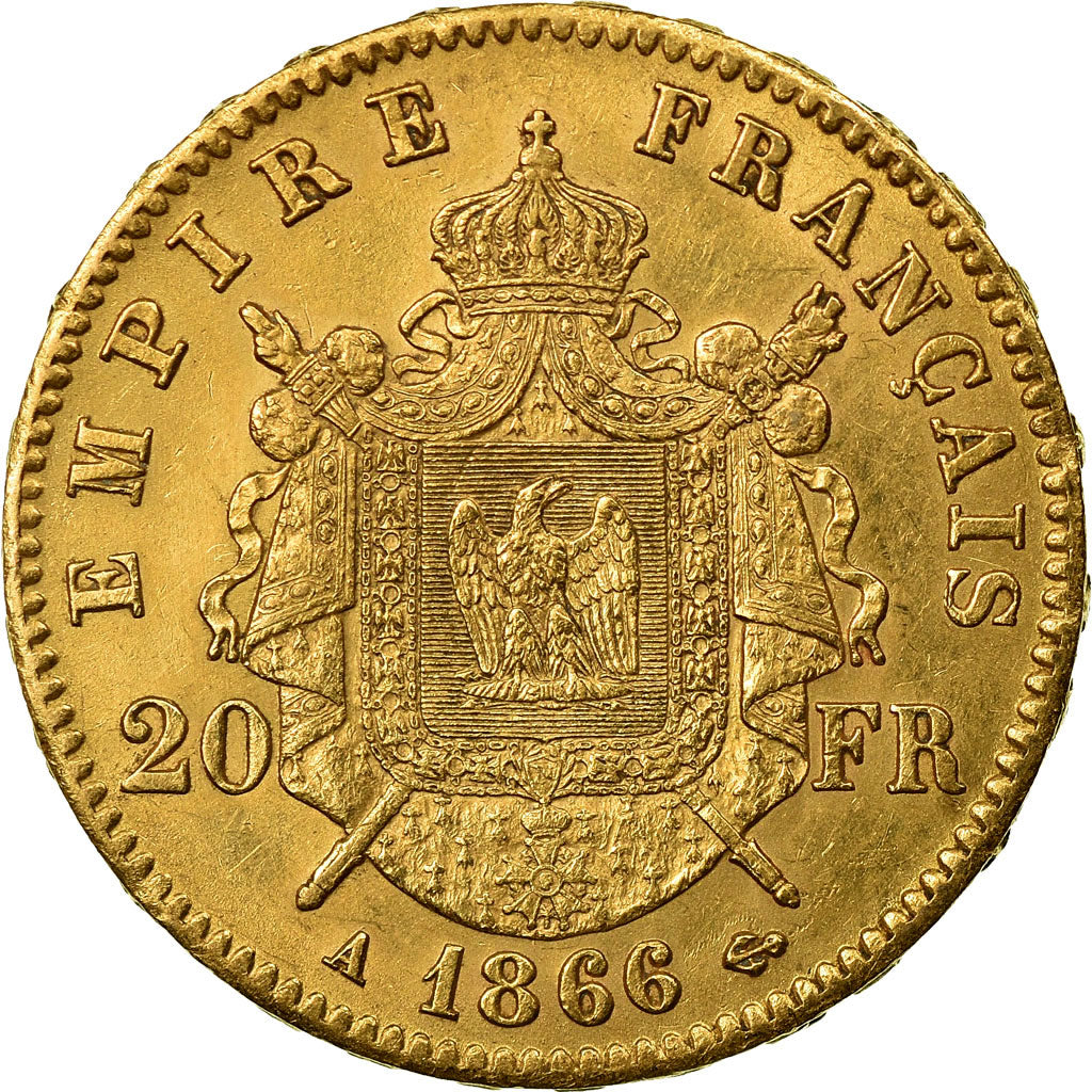 Moeda, França, Napoleon III, 20 Francs, 1866, Paris, AU(50-53), KM 801.1