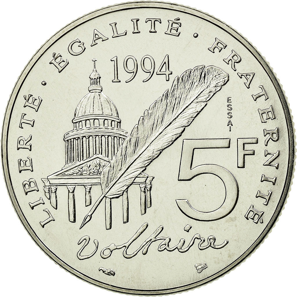 Munten, Frankrijk, Voltaire, 5 Francs, 1994, Paris, ESSAI, FDC, Nickel, KM:1063