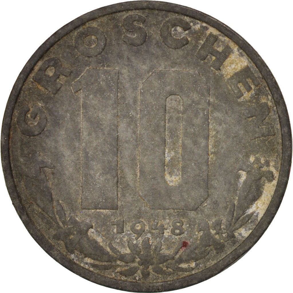 AUSTRIA, 10 Groschen, 1948, KM #2874, EF(40-45), Zinc, 21, 3.44