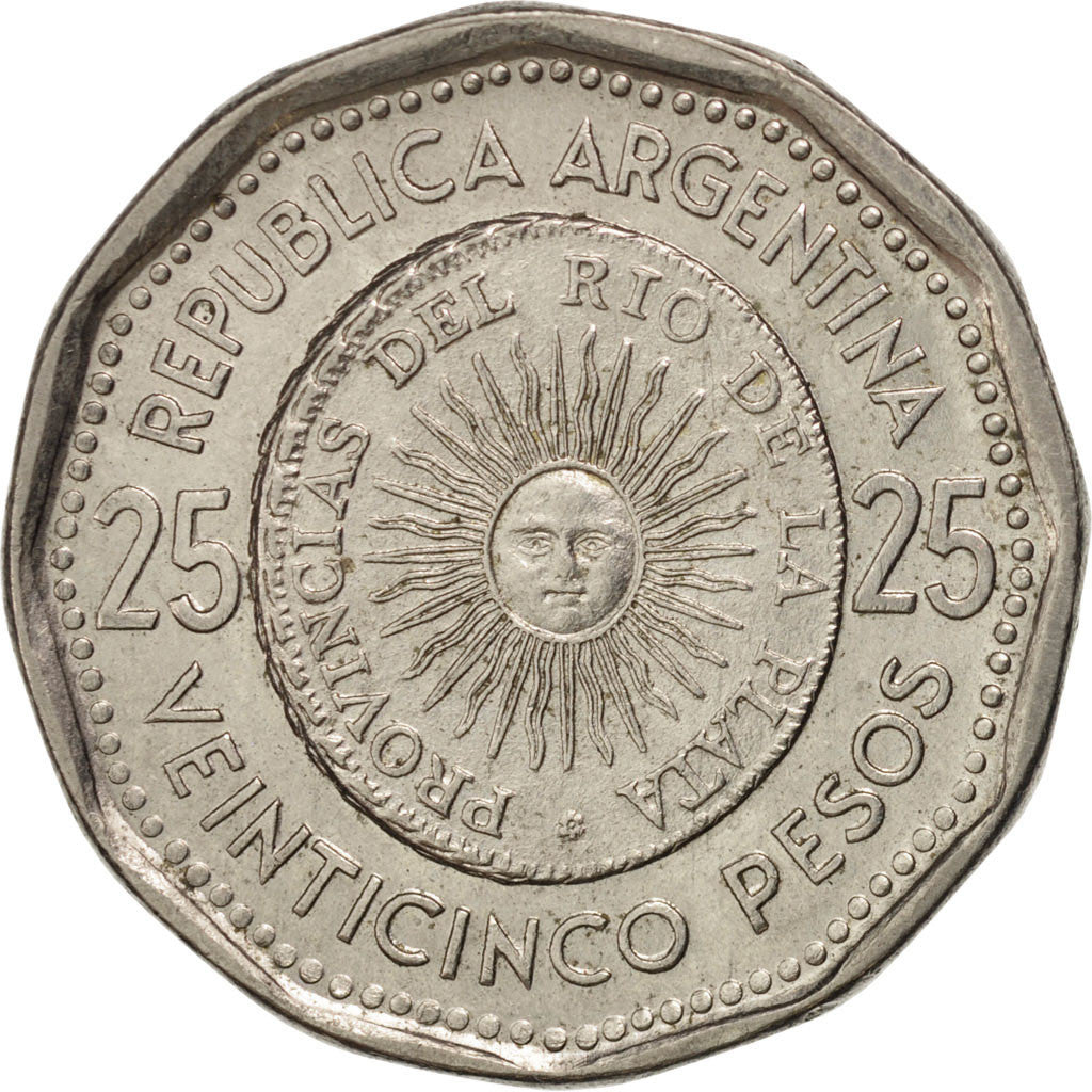 ARGENTINA, 25 Pesos, 1965, KM #61, AU(55-58), Nickel Clad Steel, 26, 6.54