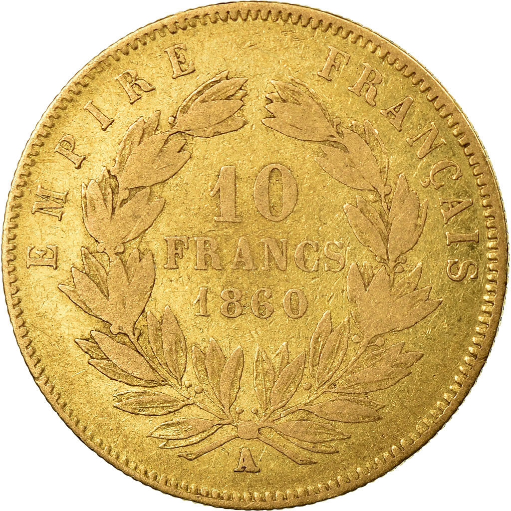 Moneda, Francia, Napoleon III, 10 Francs, 1860, Paris, BC+, Oro, KM 784.3