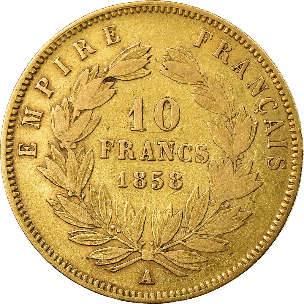 Moneta, Francia, Napoleon III, 10 Francs, 1858, Paris, BB, Oro, KM 784.3