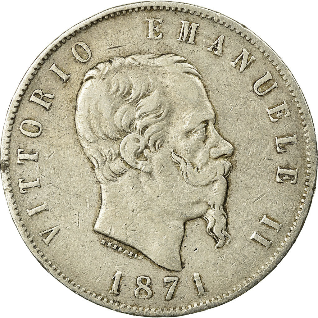 Coin, Italy, Vittorio Emanuele II, 5 Lire, 1871, Milan, VF(30-35),Silver, KM 8.3