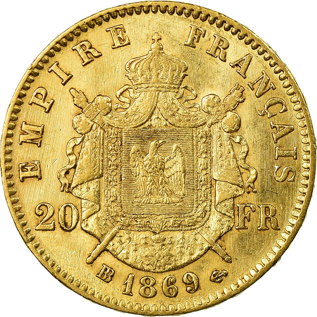 Monnaie,France,Napoleon III,20 Francs,1869,Strasbourg,TTB+,Or,KM 801.2,Gad 1062