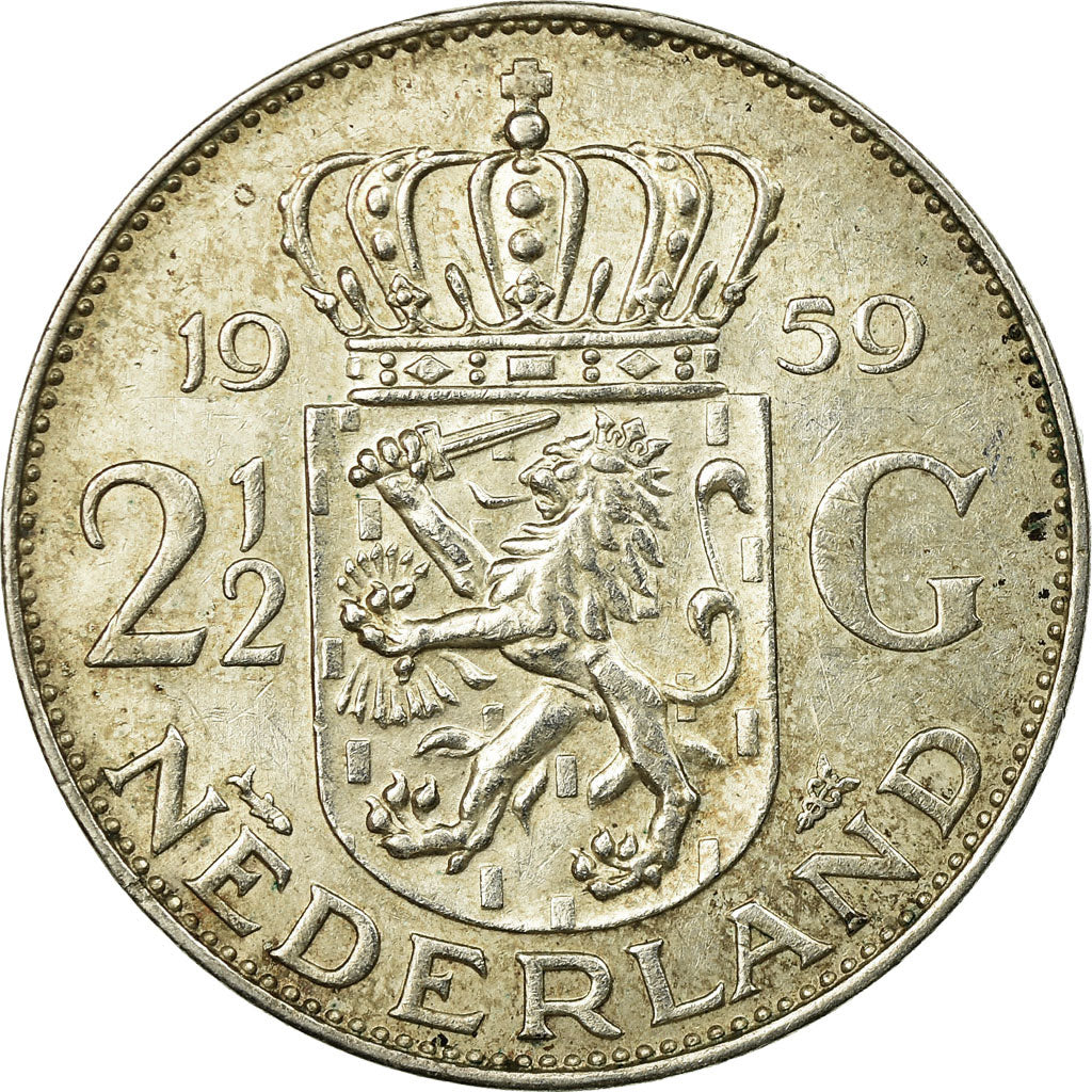 Coin, Netherlands, Juliana, 2-1/2 Gulden, 1959, AU(55-58), Silver, KM:185