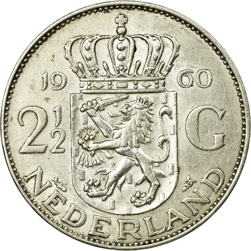 Coin, Netherlands, Juliana, 2-1/2 Gulden, 1960, AU(55-58), Silver, KM:185