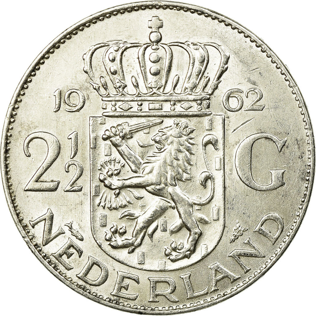 Coin, Netherlands, Juliana, 2-1/2 Gulden, 1962, AU(55-58), Silver, KM:185