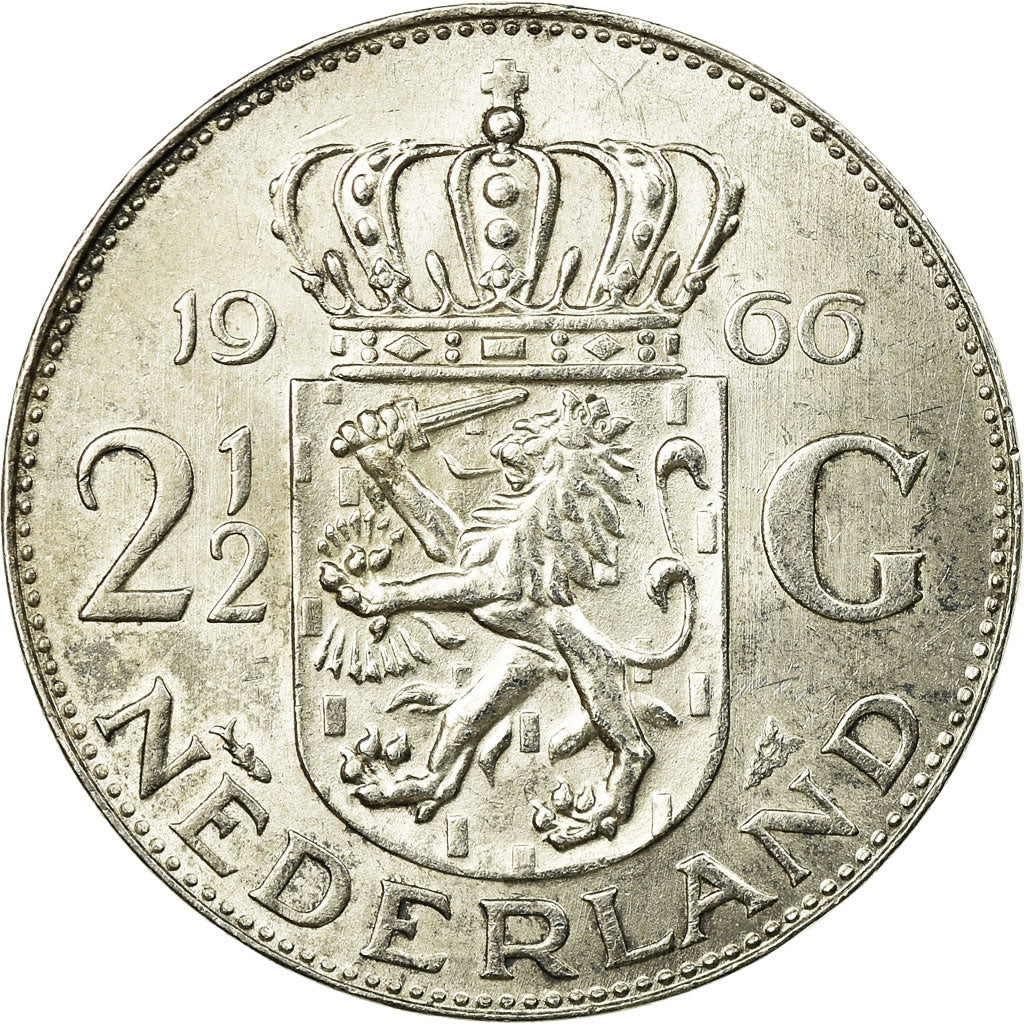 Coin, Netherlands, Juliana, 2-1/2 Gulden, 1966, AU(55-58), Silver, KM:185