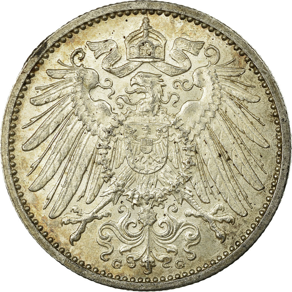 Coin, GERMANY - EMPIRE, Wilhelm II, Mark, 1914,Karlsruhe,AU(50-53),Silver,KM 14