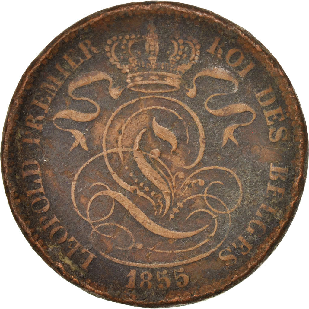 BELGIUM, 10 Centimes, 1855, KM #2.1, F(12-15), Copper, 18.85