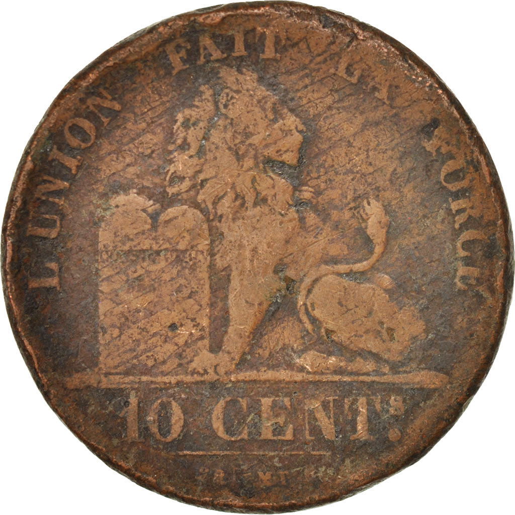 BELGIUM, 10 Centimes, 1855, KM #2.1, F(12-15), Copper, 18.85