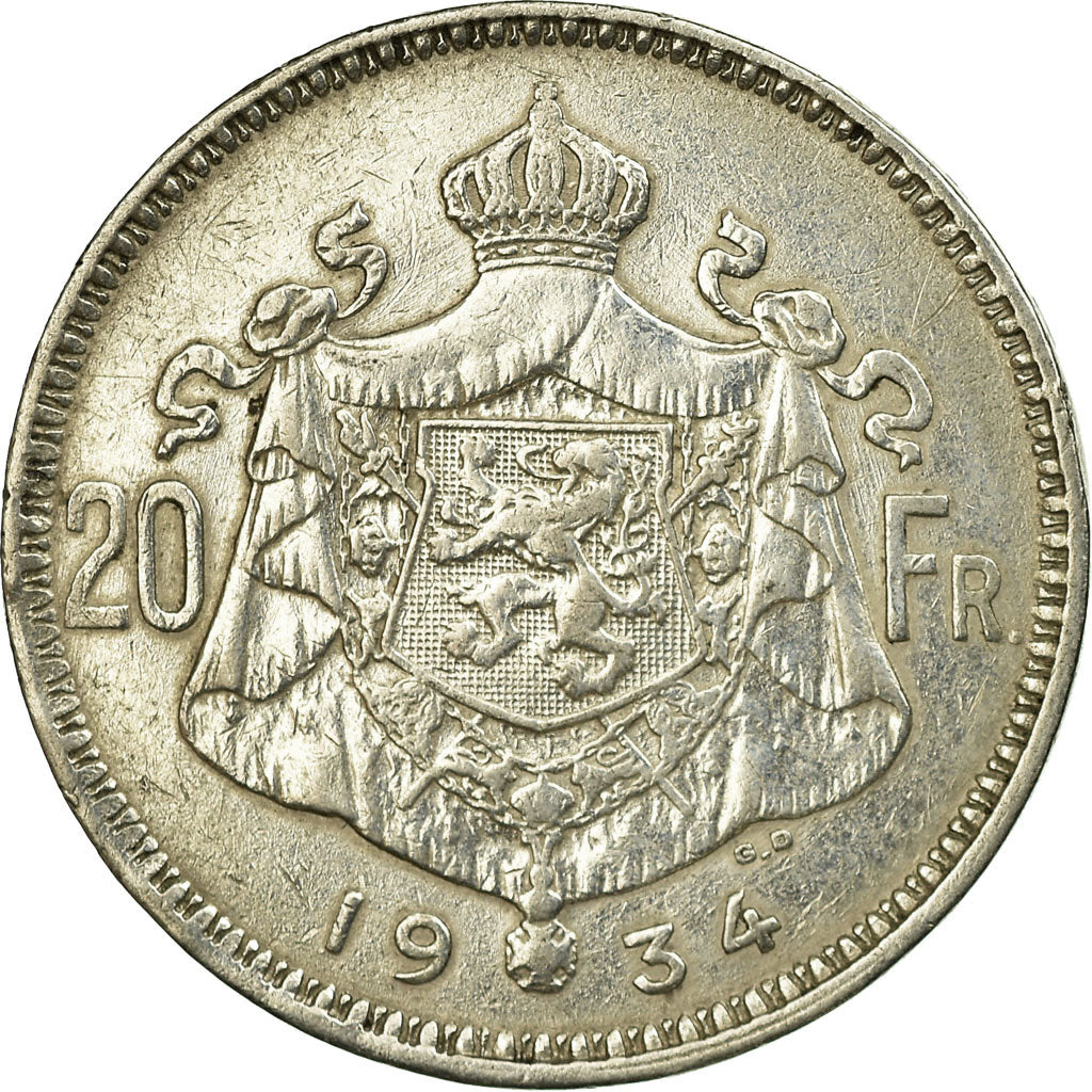 Coin, Belgium, 20 Francs, 20 Frank, 1934, EF(40-45), Silver, KM:104.1