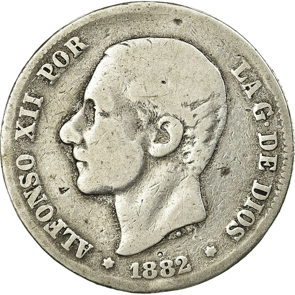 Münze, Spanien, Alfonso XII, 2 Pesetas, 1882, Madrid, S+, Silber, KM:678.2