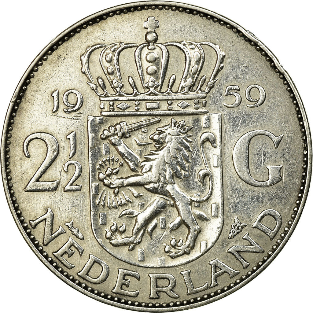 Coin, Netherlands, Juliana, 2-1/2 Gulden, 1959, AU(50-53), Silver, KM:185