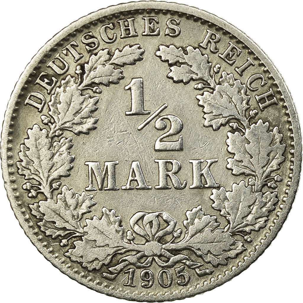 Coin, GERMANY - EMPIRE, 1/2 Mark, 1905, Munich, VF(30-35), Silver, KM:17
