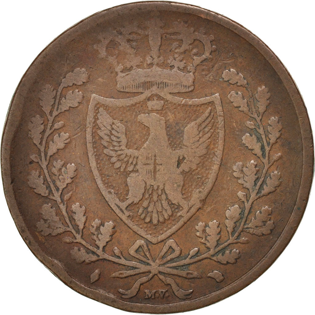 ITALIAN STATES, 5 Centesimi, 1826, Torino, KM #127.1, VF(20-25), Copper, 28,...