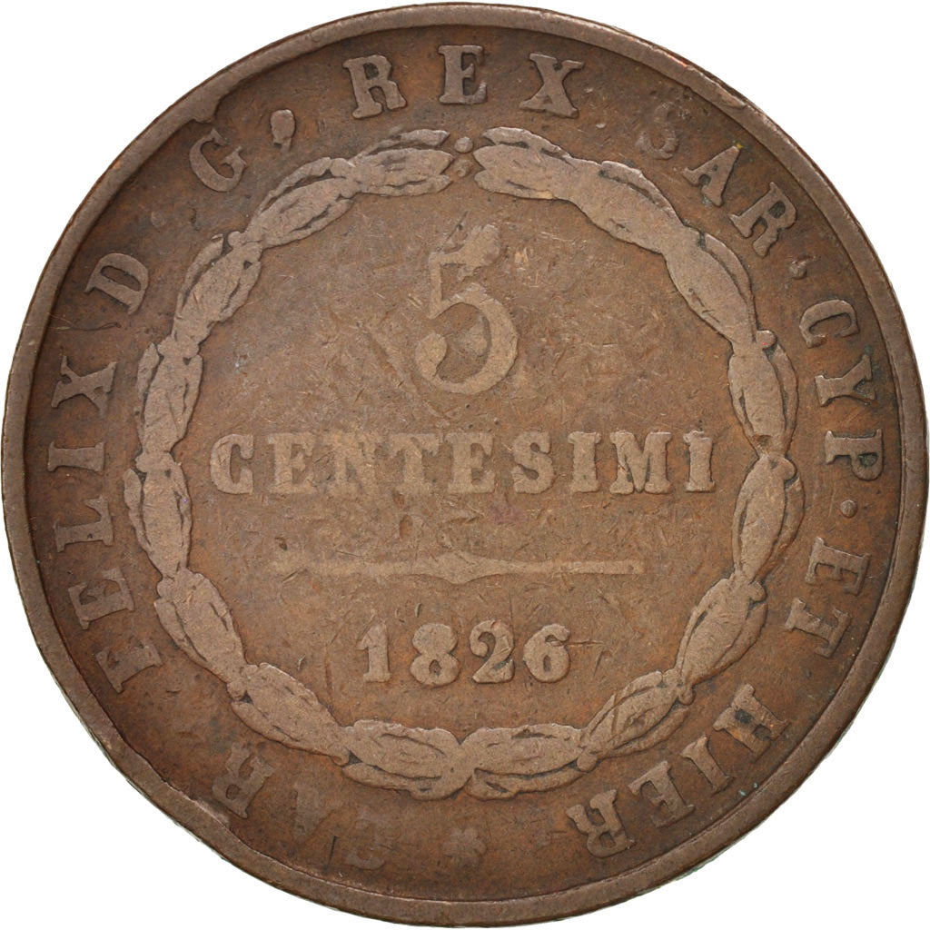 ITALIAN STATES, 5 Centesimi, 1826, Torino, KM #127.1, VF(20-25), Copper, 28,...