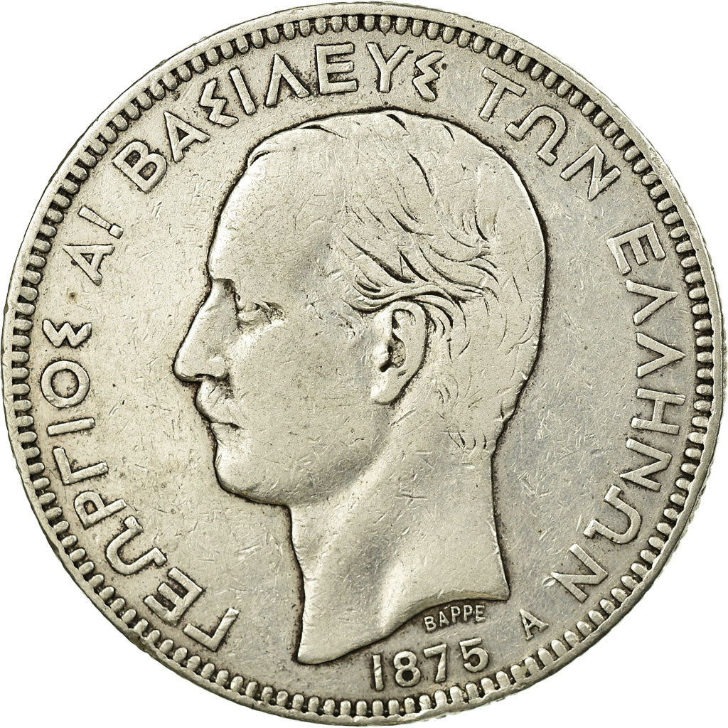Coin, Greece, George I, 5 Drachmai, 1875, Paris, EF(40-45), Silver, KM:46