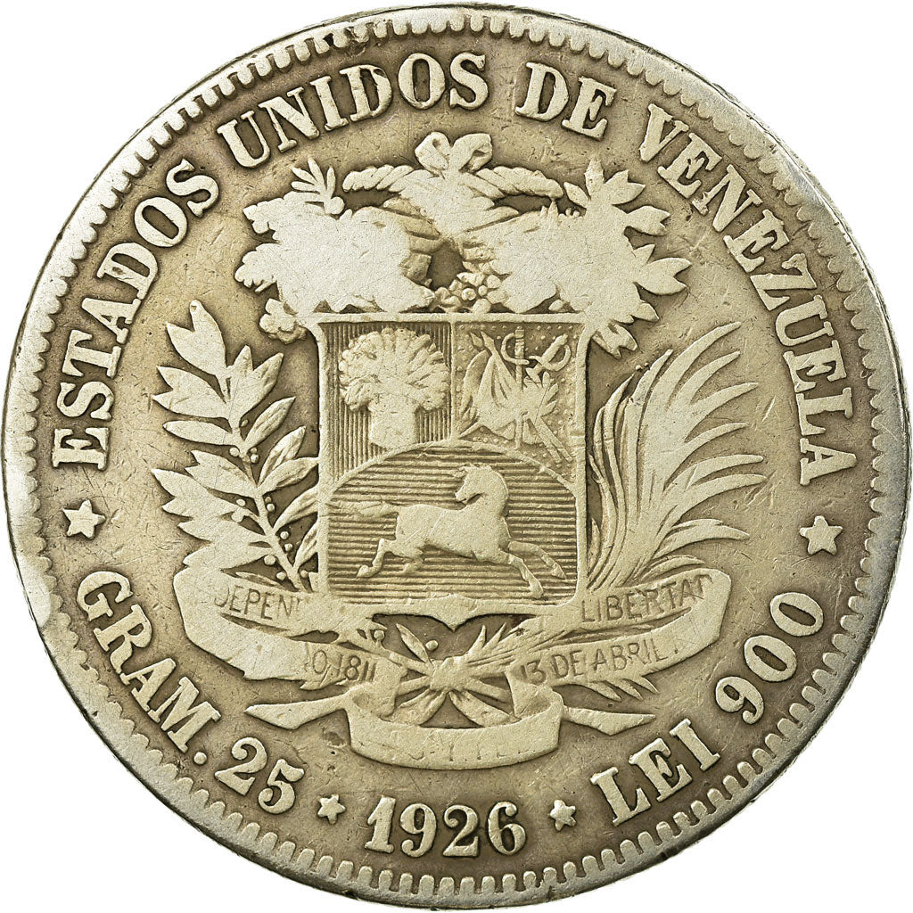 Coin, Venezuela, Gram 5, Bolivar, 1926, VF(30-35), Silver, KM:22