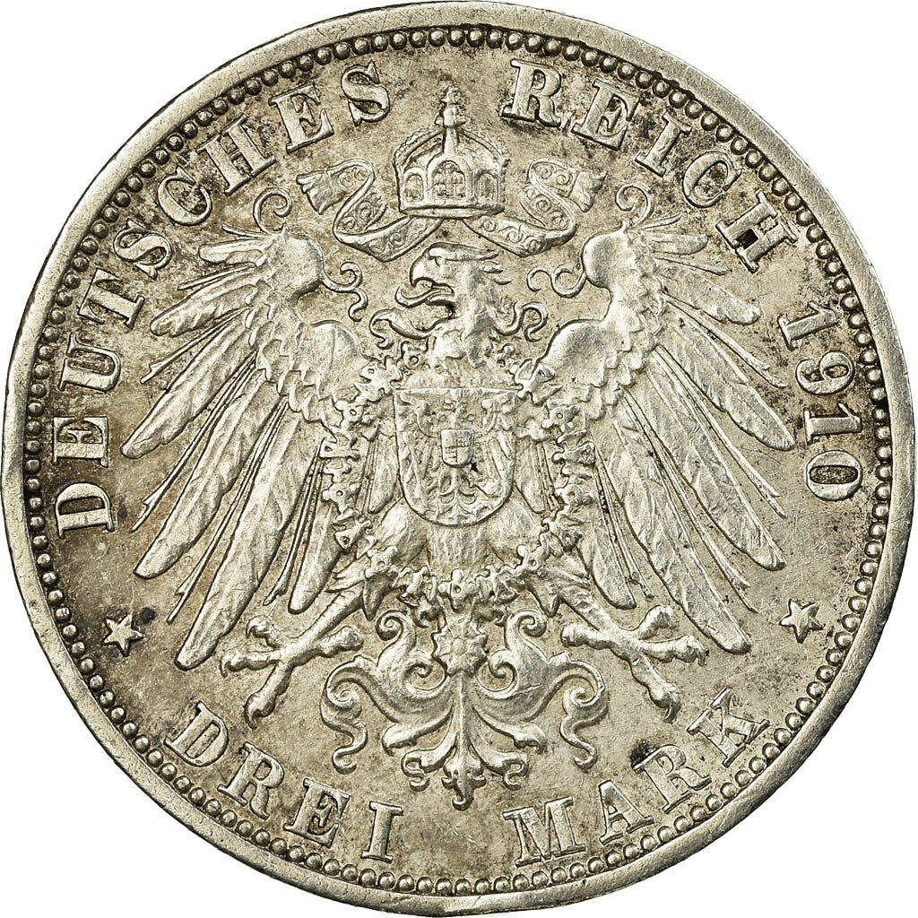 Coin, German States, BADEN, Friedrich II, 3 Mark,1910,Stuttgart,AU(50-53),KM 280