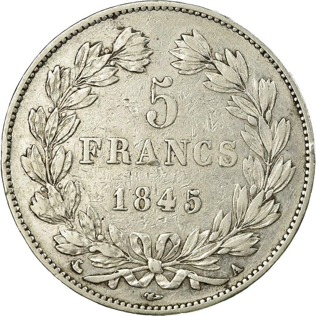 Moneta, Francia, Louis-Philippe, 5 Francs, 1845, Paris, MB+, Argento, KM:749.1