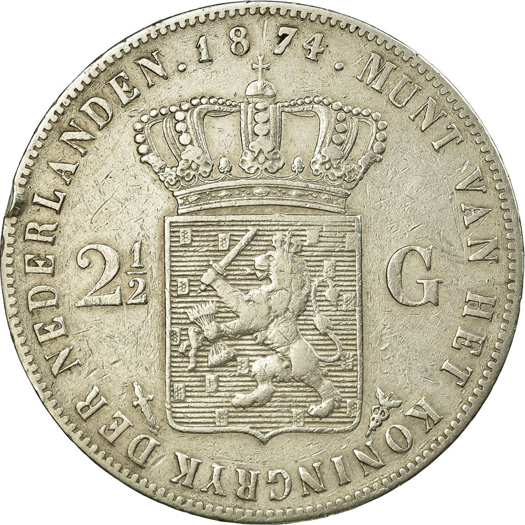 Coin, Netherlands, William III, 2-1/2 Gulden, 1874, VF(30-35), Silver, KM:82