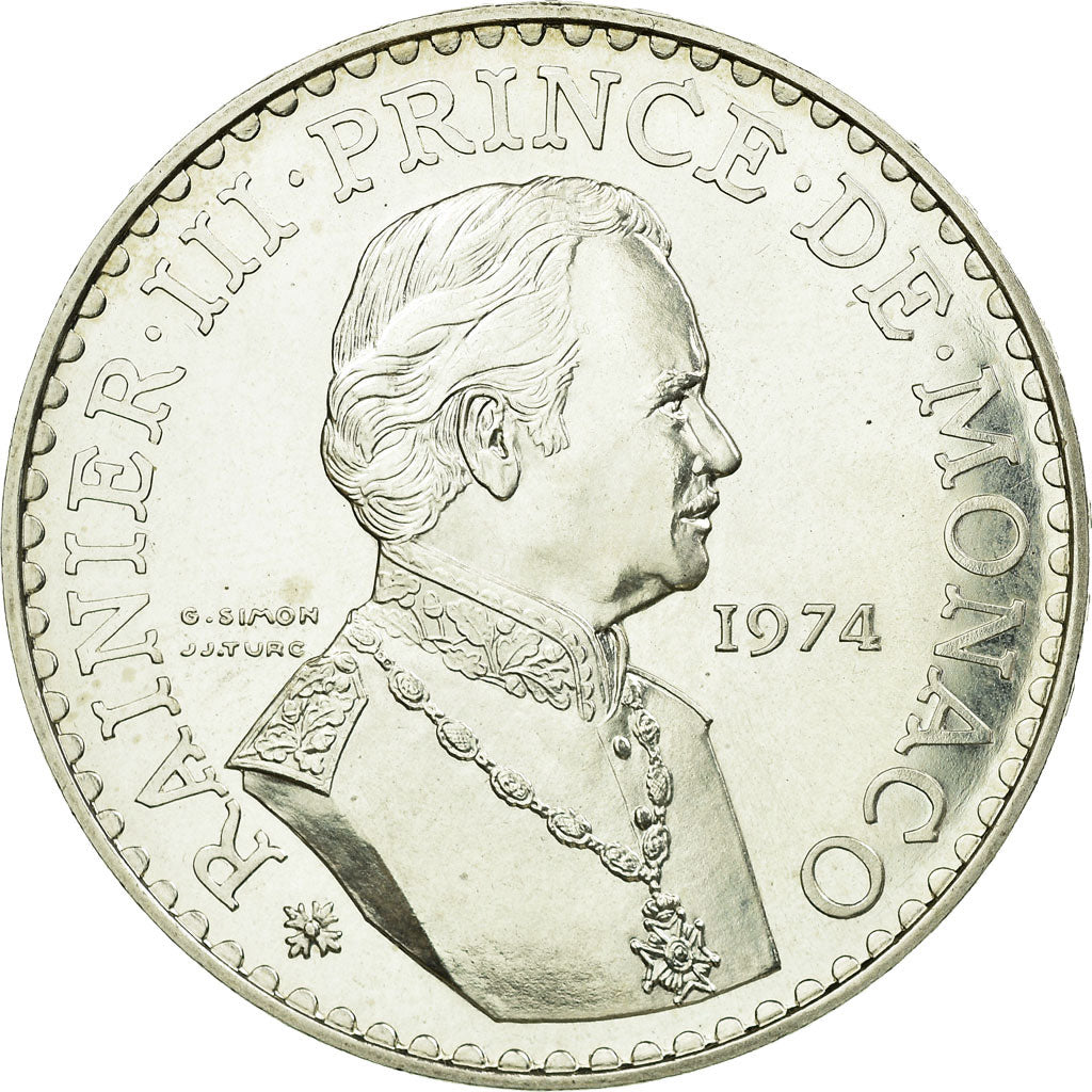 Coin, Monaco, Rainier III, 50 Francs, 1974, MS(60-62), Silver, KM:152.1