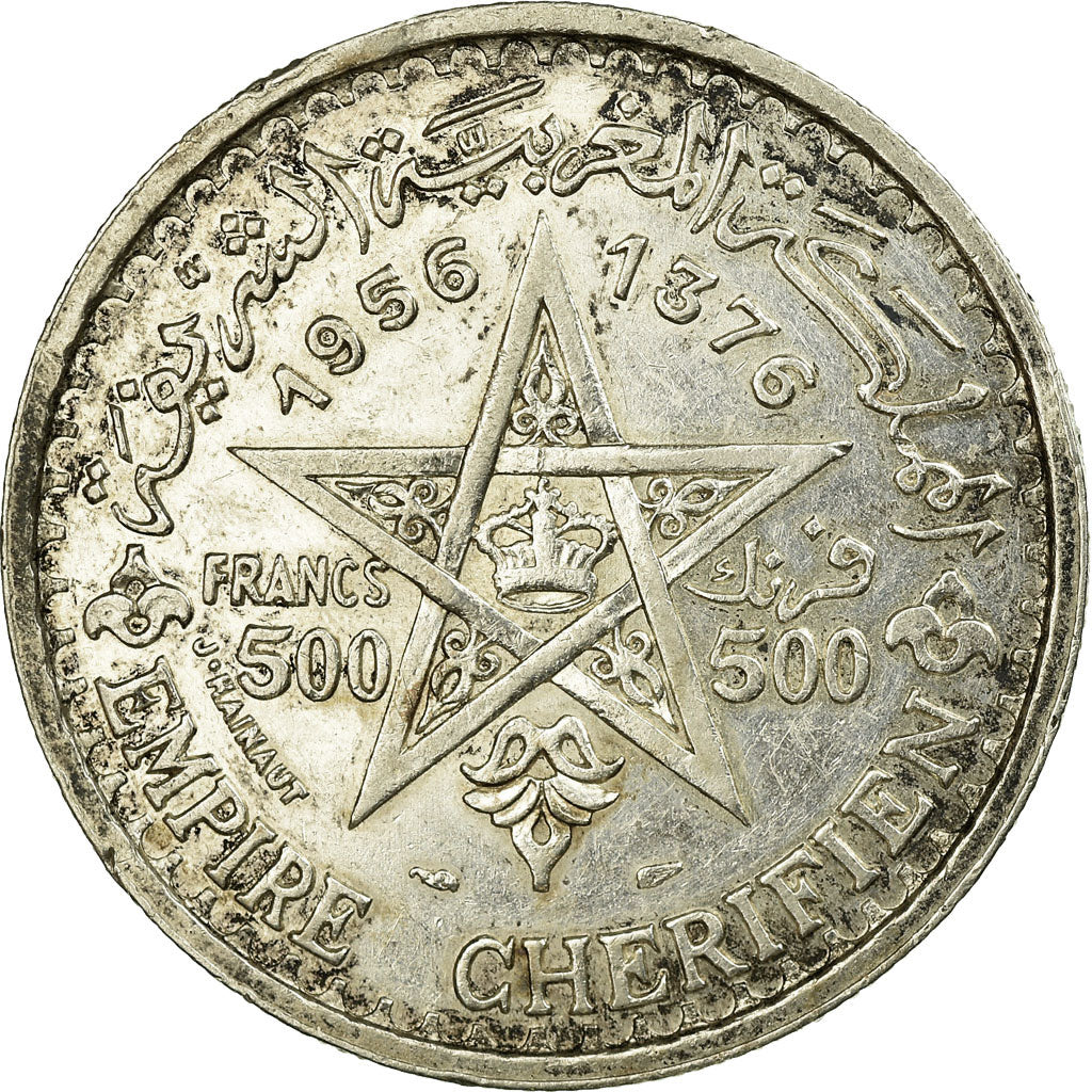 Coin, Morocco, Mohammed V, 500 Francs, 1956, Paris, AU(55-58), Silver, KM:54