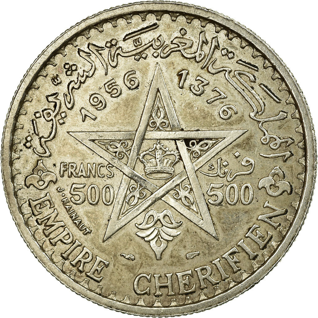 Coin, Morocco, Mohammed V, 500 Francs, 1956, Paris, MS(60-62), Silver, KM:54