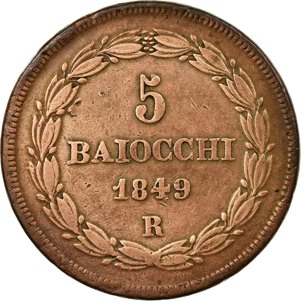 Moneda, Estados italianos, PAPAL STATES, Pius IX, 5 Baiocchi, 1849, Rome, MBC