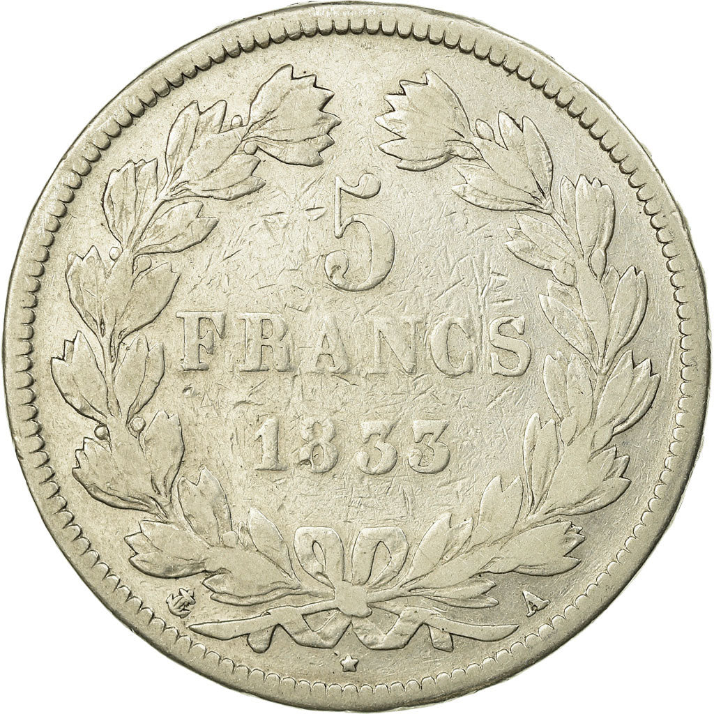 Coin, France, Louis-Philippe, 5 Francs, 1833, Paris, VF(30-35), Silver,KM 749.1