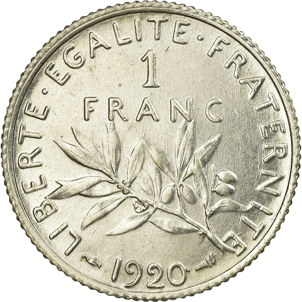 Moeda, França, Semeuse, Franc, 1920, Paris, AU(55-58), Prata, KM:844.1