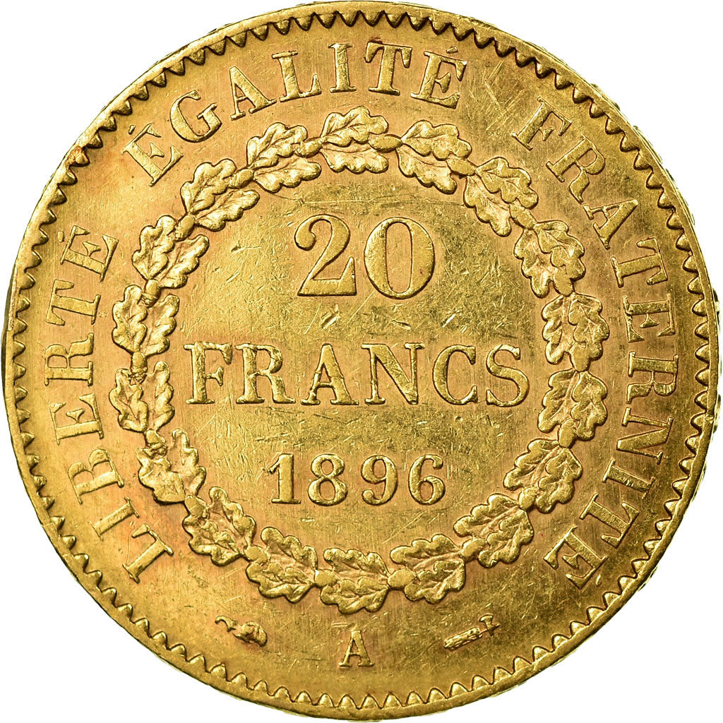 Moeda, França, Génie, 20 Francs, 1896, Paris, AU(50-53), Dourado, KM:825