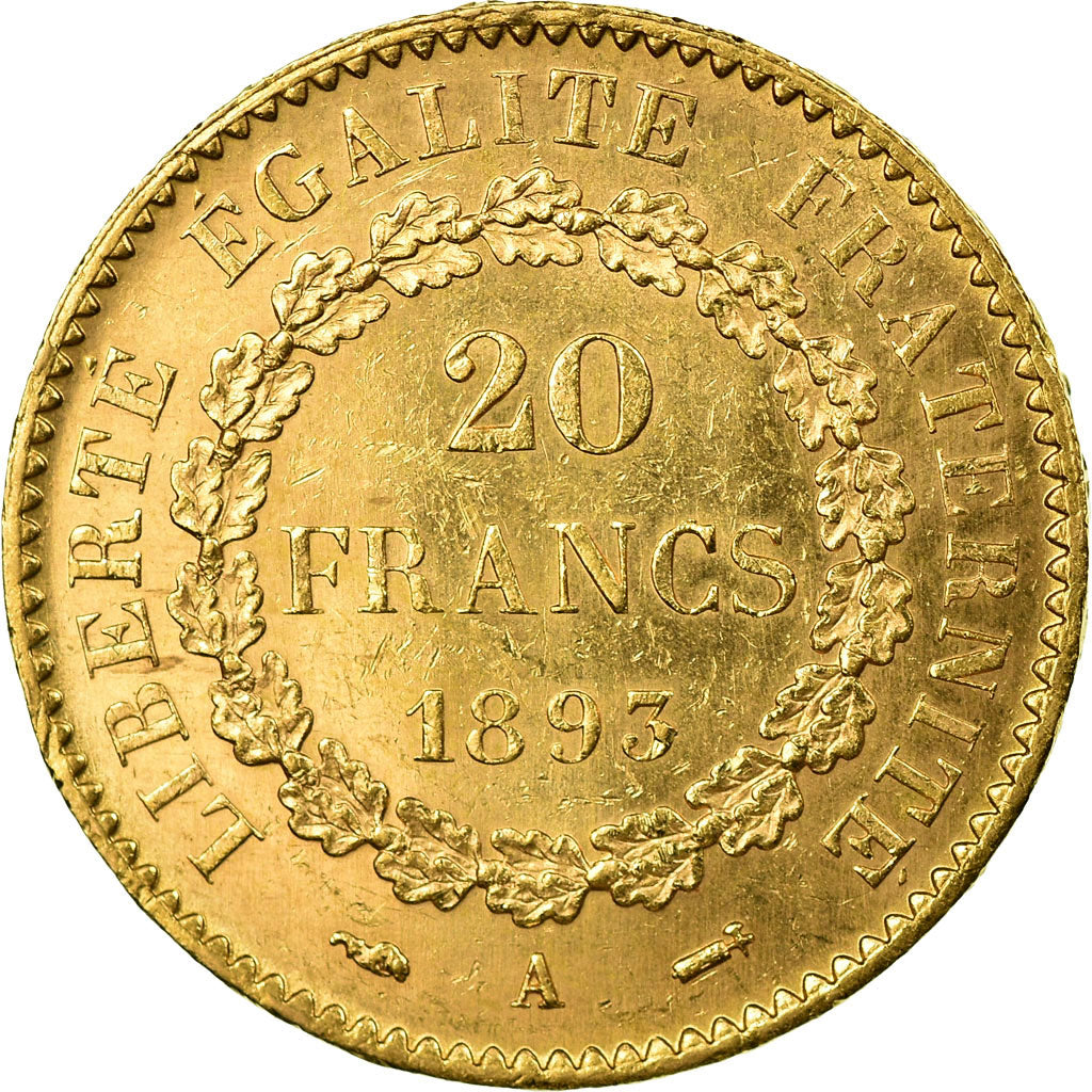 Moneta, Francja, Génie, 20 Francs, 1893, Paris, AU(50-53), Złoto, KM:825