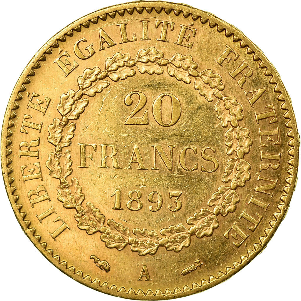 Moneta, Francja, Génie, 20 Francs, 1893, Paris, AU(55-58), Złoto, KM:825