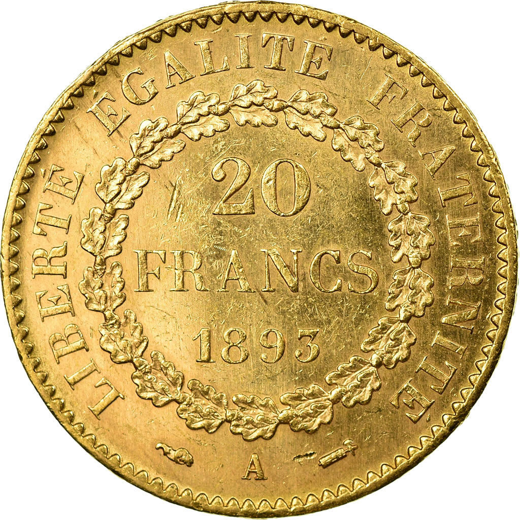 Moeda, França, Génie, 20 Francs, 1893, Paris, AU(50-53), Dourado, KM:825