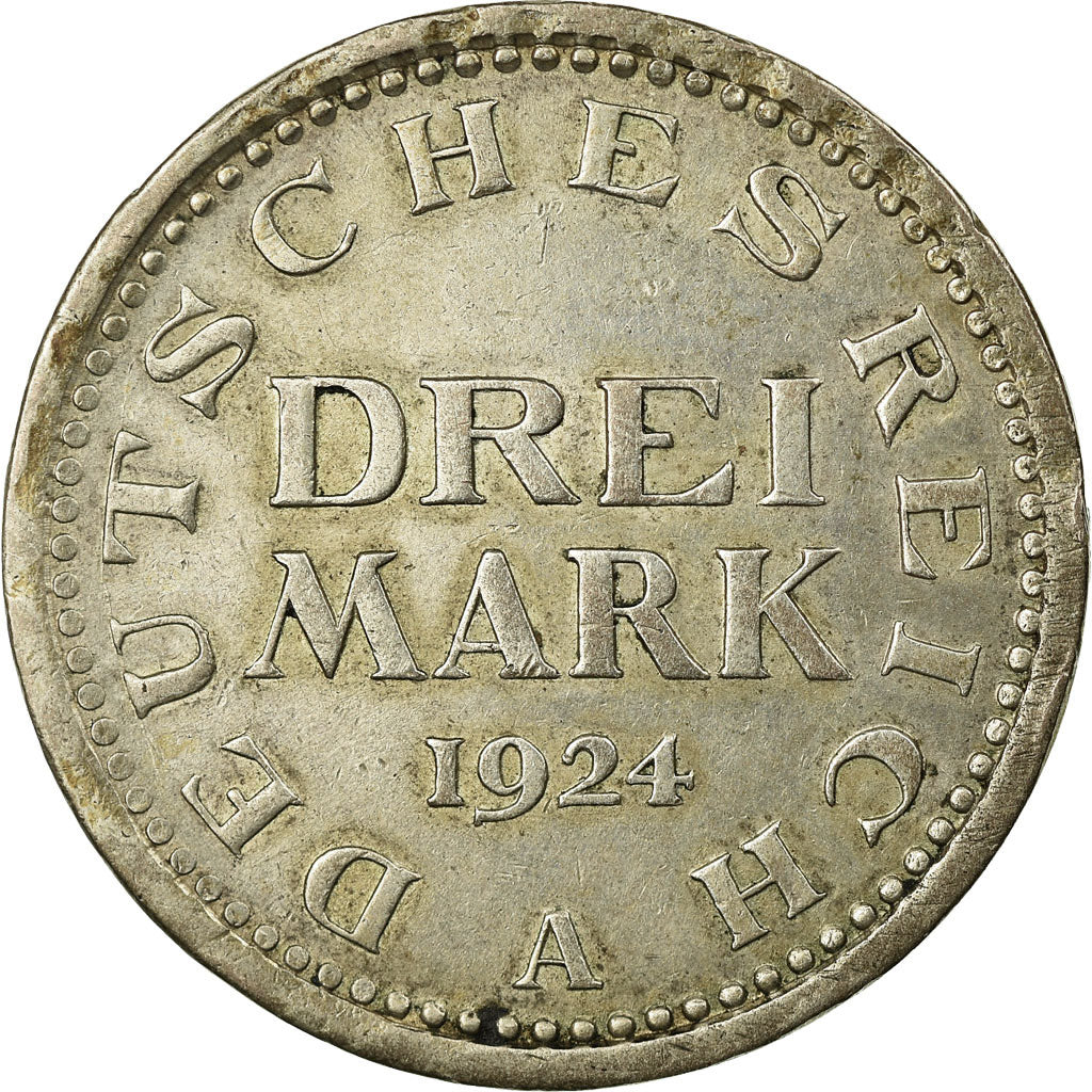 Coin, GERMANY, WEIMAR REPUBLIC, 3 Mark, 1924, Berlin, EF(40-45), Silver, KM:43