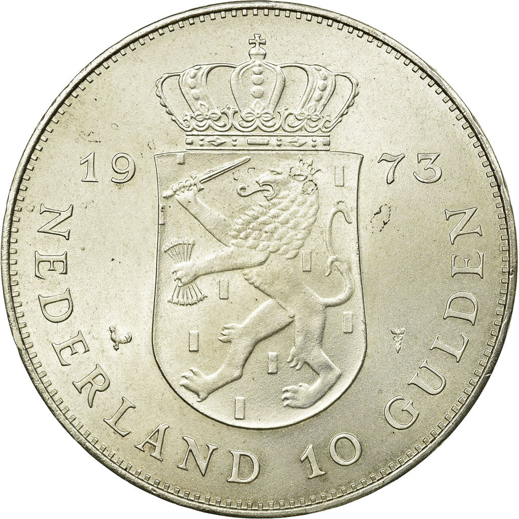 Coin, Netherlands, Juliana, 10 Gulden, 1973, AU(55-58), Silver, KM:196