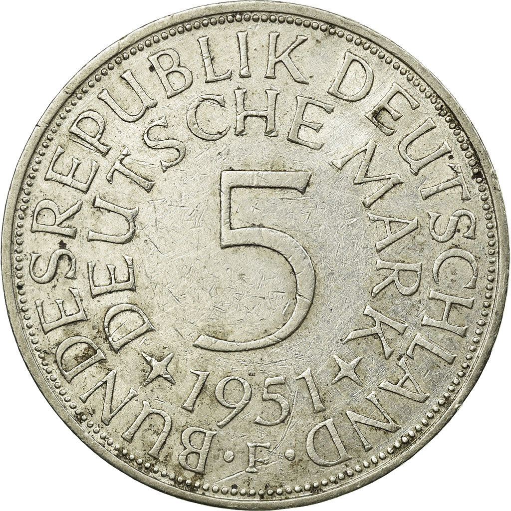 Coin, GERMANY - FEDERAL REPUBLIC, 5 Mark, 1951, Stuttgart, AU(50-53), Silver