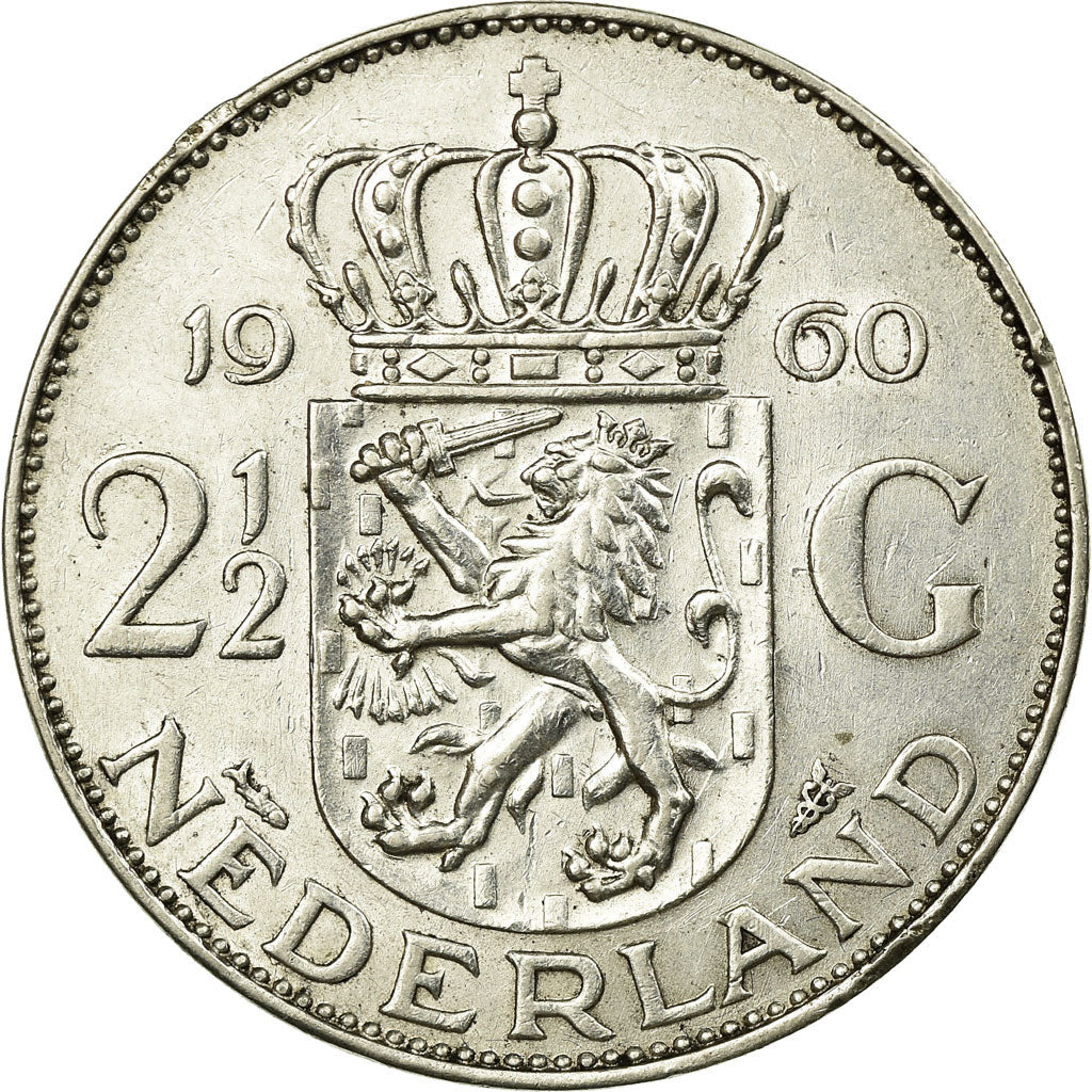 Coin, Netherlands, Juliana, 2-1/2 Gulden, 1960, AU(50-53), Silver, KM:185
