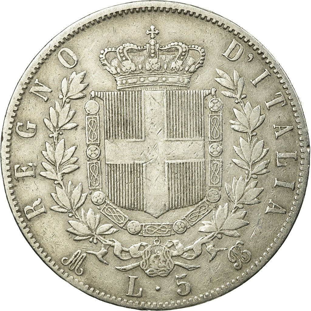 Coin, Italy, Vittorio Emanuele II, 5 Lire, 1870, Milan, EF(40-45), Silver,KM 8.3